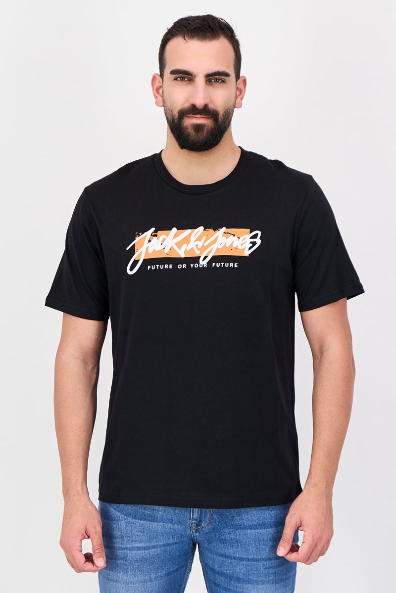 JACK & JONES Men Crew Neck Short Sleeve Graphic Print T-Shirt, Black - Image 1