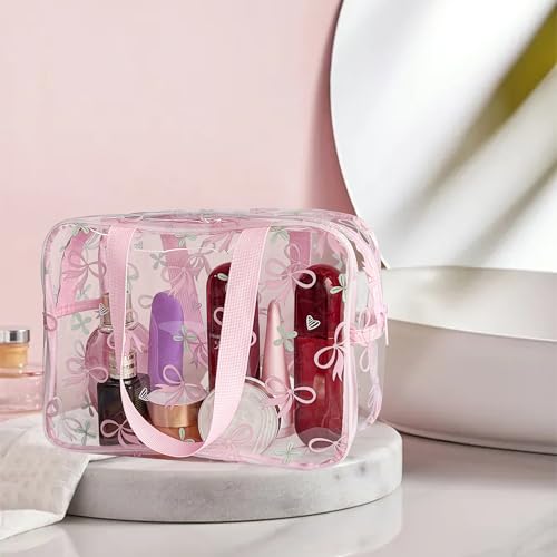 TotePrint Flower Makeup Bag - Clear Printable Vinyl Cosmetic Pouch,11.81x4.3x8.26inches Waterproof Small Clear Gift Bags for Travel & Organizer (Pink Bow) - Image 3