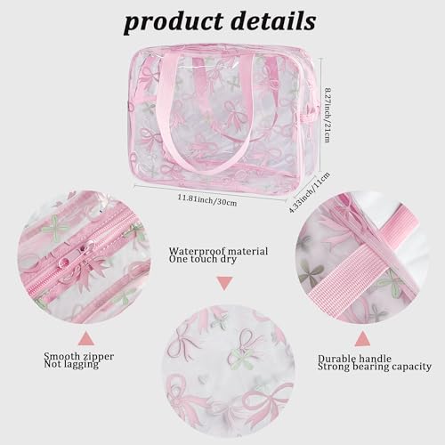 TotePrint Flower Makeup Bag - Clear Printable Vinyl Cosmetic Pouch,11.81x4.3x8.26inches Waterproof Small Clear Gift Bags for Travel & Organizer (Pink Bow) - Image 2