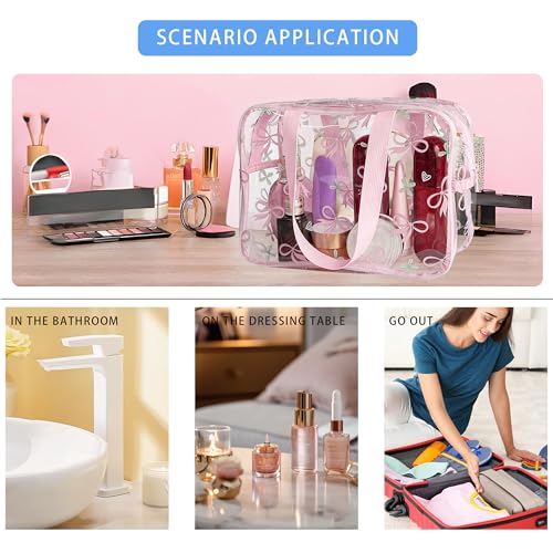 TotePrint Flower Makeup Bag - Clear Printable Vinyl Cosmetic Pouch,11.81x4.3x8.26inches Waterproof Small Clear Gift Bags for Travel & Organizer (Pink Bow) - Image 4