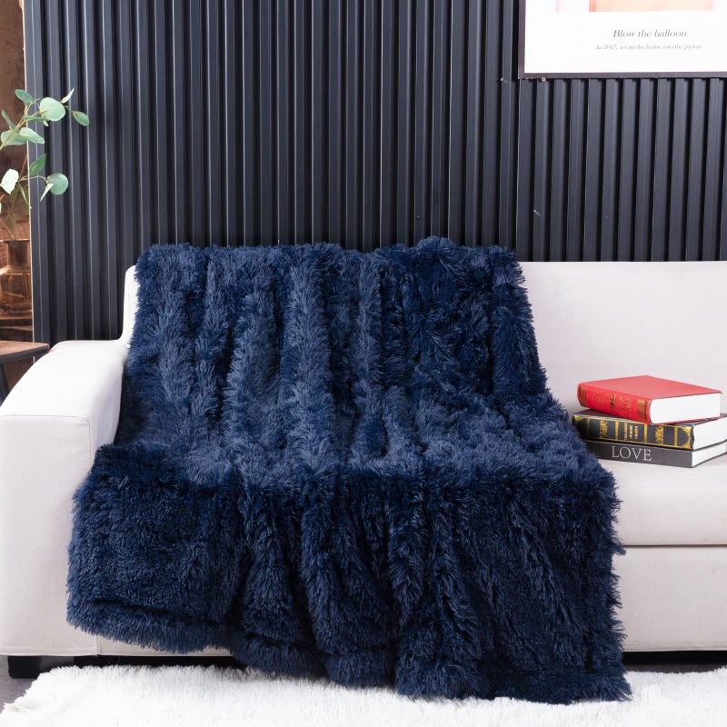 YUSOKI Navy Blue Faux Fur Throw Blanket2 Layers50 x 60 Cozy Plush Fluffy Blanket Furry Fuzzy Warm Cute Shaggy Blanket for Fall Bed Living Room Dcor Baby Women Pet