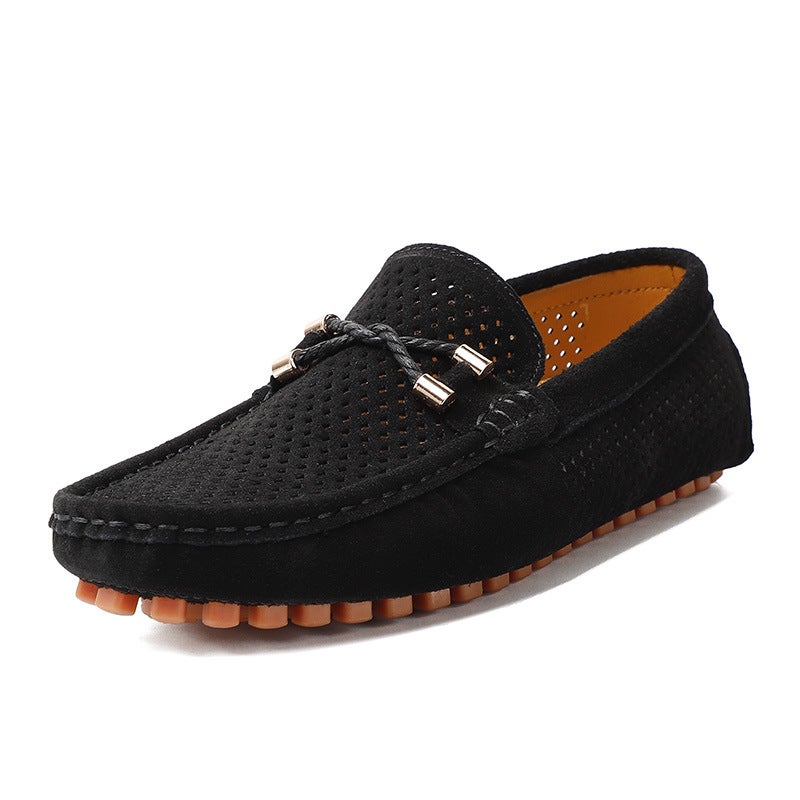 2025 British Style Men'S Small Leather Shoes Large Size Slip-On Slip-Ons Summer And Autum Breathable Cut Out Bean Shoes - Image 1