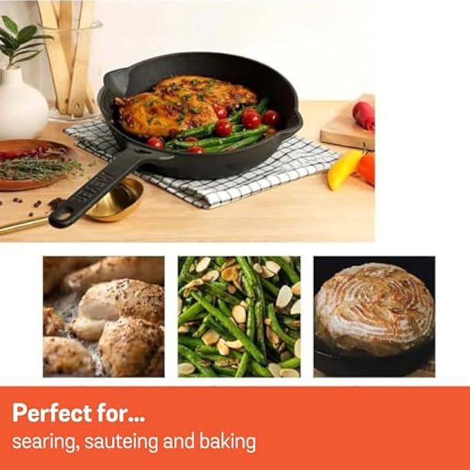 ماير مقلاة حديد زهر مسبقة التتبيل، مقلاة 22 سم، شواية آمنة، أواني طهي حديد زهر للاستخدام الداخلي والخارجي، مقلاة حديد زهر 85 بوصة، لون أسود - Image 3