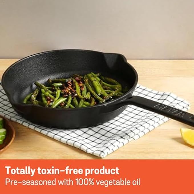 ماير مقلاة حديد زهر مسبقة التتبيل، مقلاة 22 سم، شواية آمنة، أواني طهي حديد زهر للاستخدام الداخلي والخارجي، مقلاة حديد زهر 85 بوصة، لون أسود - Image 4