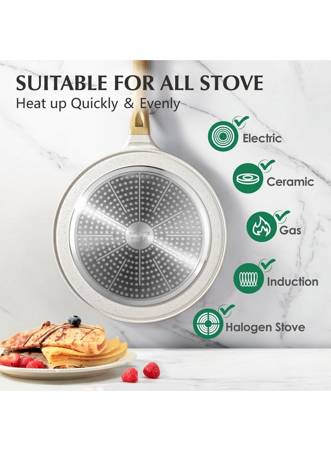 سنسارتي مقلاة كريب سينسارتي غير لاصقة مع مفرش، مقلاة دوسا مطلية بالسيراميك الطبيعي مقاس 12 بوصة، مقلاة مسطحة للفطائر، مقلاة تاوا بمقبض ثابت، متوافقة مع الحث الحراري، خالية من حمض بيرفلورو الأوكتانويك (أبيض) - Image 4