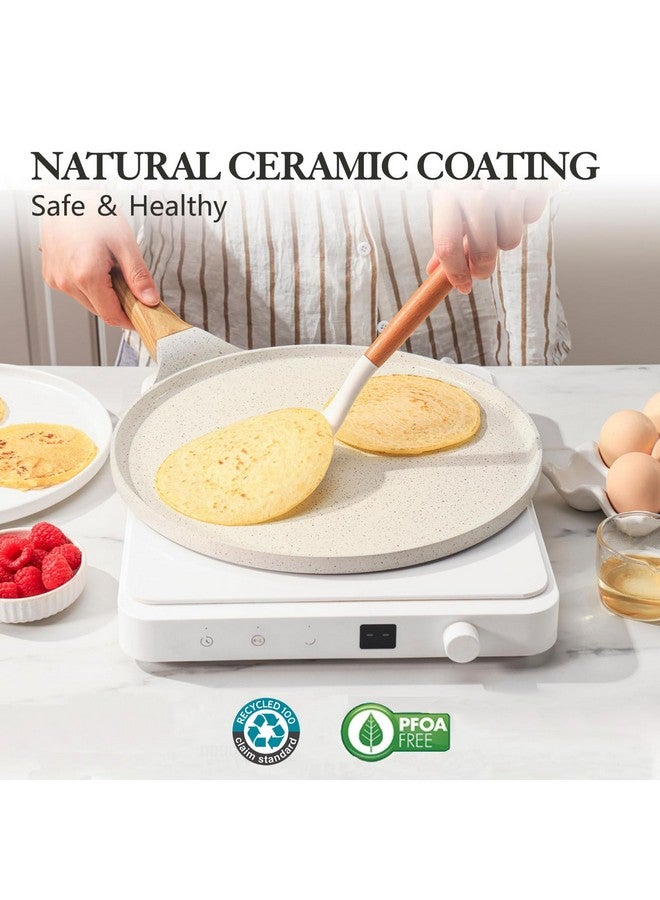 سنسارتي مقلاة كريب سينسارتي غير لاصقة مع مفرش، مقلاة دوسا مطلية بالسيراميك الطبيعي مقاس 12 بوصة، مقلاة مسطحة للفطائر، مقلاة تاوا بمقبض ثابت، متوافقة مع الحث الحراري، خالية من حمض بيرفلورو الأوكتانويك (أبيض) - Image 2