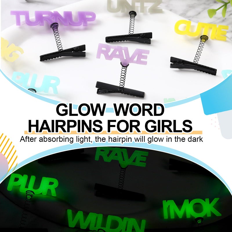 Luinabio 30 Pcs Mini Glow Hair Clips Rave Hair Clips for Women Carnival Music Festival Holiday Party Supplies (Words) - Image 3