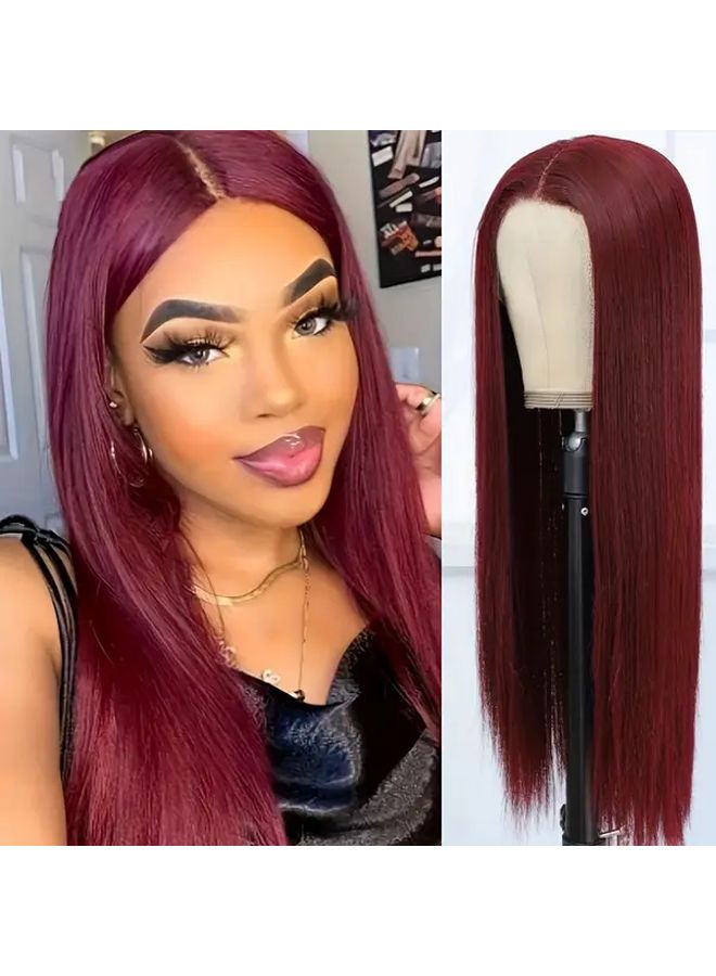 Women Heat Resistant Burgundy Red 26 Inch Straight Synthetic Wig High Density - Image 1