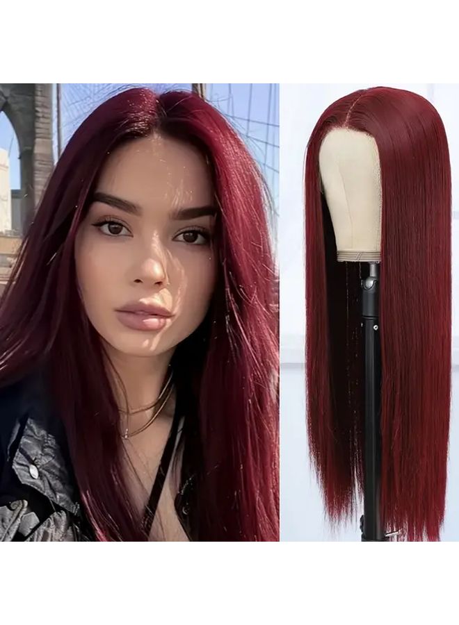 Women Heat Resistant Burgundy Red 26 Inch Straight Synthetic Wig High Density - Image 3