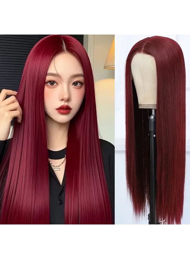 Women Heat Resistant Burgundy Red 26 Inch Straight Synthetic Wig High Density - Image 2