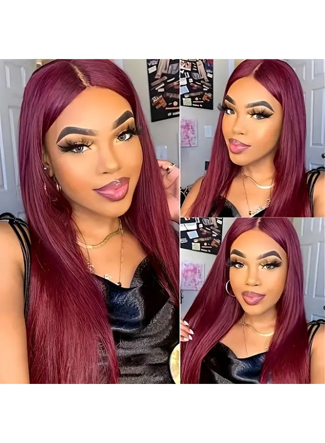 Women Heat Resistant Burgundy Red 26 Inch Straight Synthetic Wig High Density - Image 5