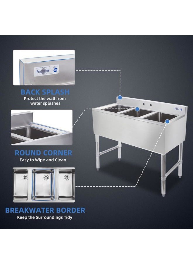 Profeeshaw 3 Compartment Sink Commercial Stainless Steel NSF Utility Basin with 10x14x10 Bowl for Kitchen or Bar in Home or Restaurant - Image 3