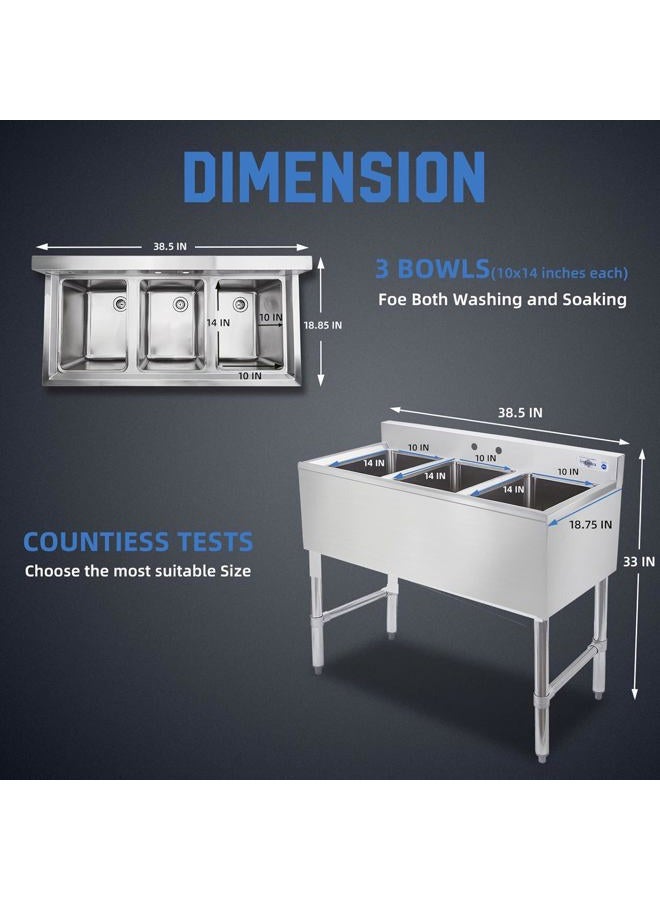 Profeeshaw 3 Compartment Sink Commercial Stainless Steel NSF Utility Basin with 10x14x10 Bowl for Kitchen or Bar in Home or Restaurant - Image 2