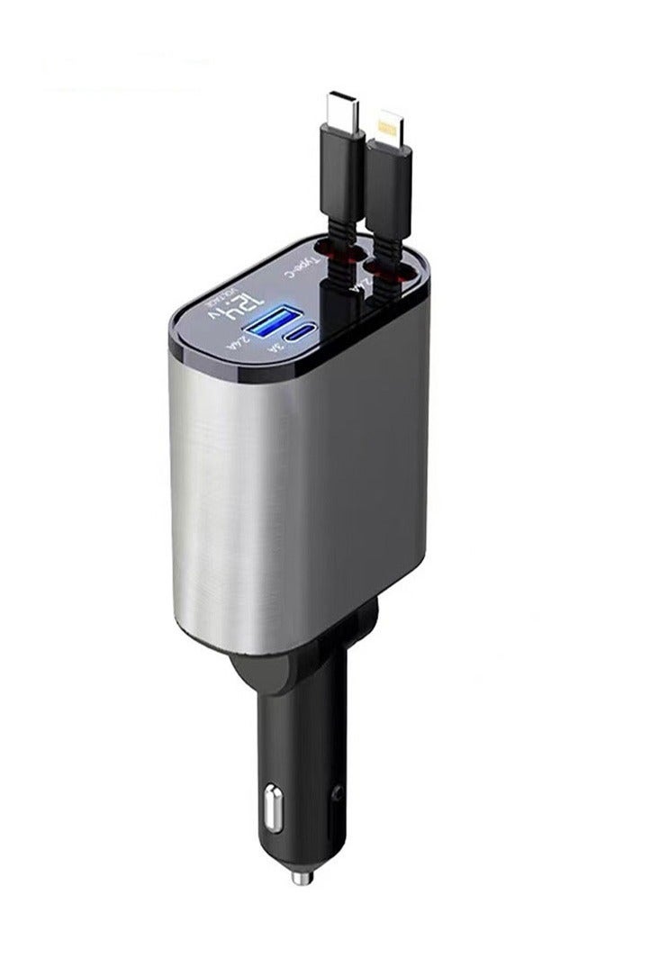 كيلا شاحن سيارة قابل للسحب 4 في 1 مع USB وType-C وLightning - محول شاحن سيارة ولاعة سجائر بشاشة رقمية يدعم الشحن السريع PD / QC3.0 / FCP - متوافق مع iPhone وHuawei وHonor وGalaxy وPixel - Image 1