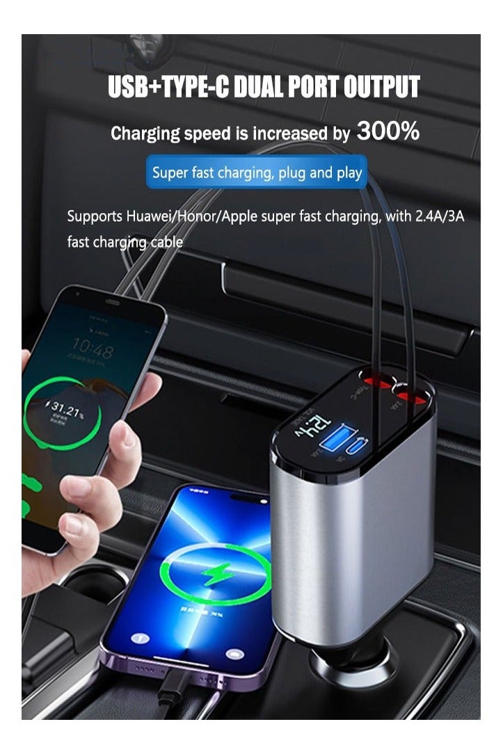 كيلا شاحن سيارة قابل للسحب 4 في 1 مع USB وType-C وLightning - محول شاحن سيارة ولاعة سجائر بشاشة رقمية يدعم الشحن السريع PD / QC3.0 / FCP - متوافق مع iPhone وHuawei وHonor وGalaxy وPixel - Image 2