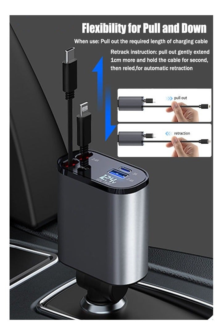 كيلا شاحن سيارة قابل للسحب 4 في 1 مع USB وType-C وLightning - محول شاحن سيارة ولاعة سجائر بشاشة رقمية يدعم الشحن السريع PD / QC3.0 / FCP - متوافق مع iPhone وHuawei وHonor وGalaxy وPixel - Image 5