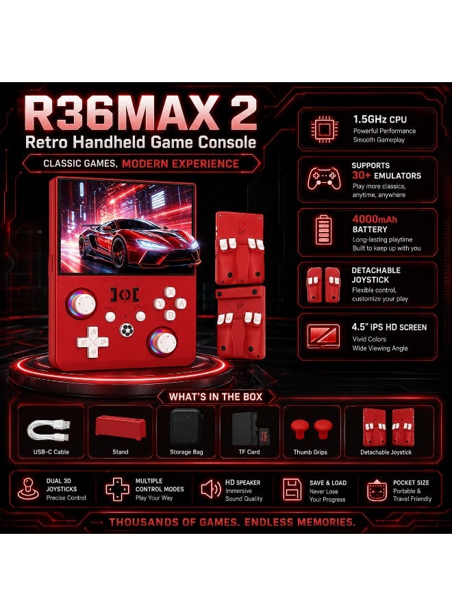 R36MAX 2 Retro Handheld Game Console – 4.5 Inch IPS HD Screen Portable Gaming Device, 1.5GHz CPU, 30+ Emulator Support, 4000mAh Battery, Retro Arcade Video Game Player RED - Image 4