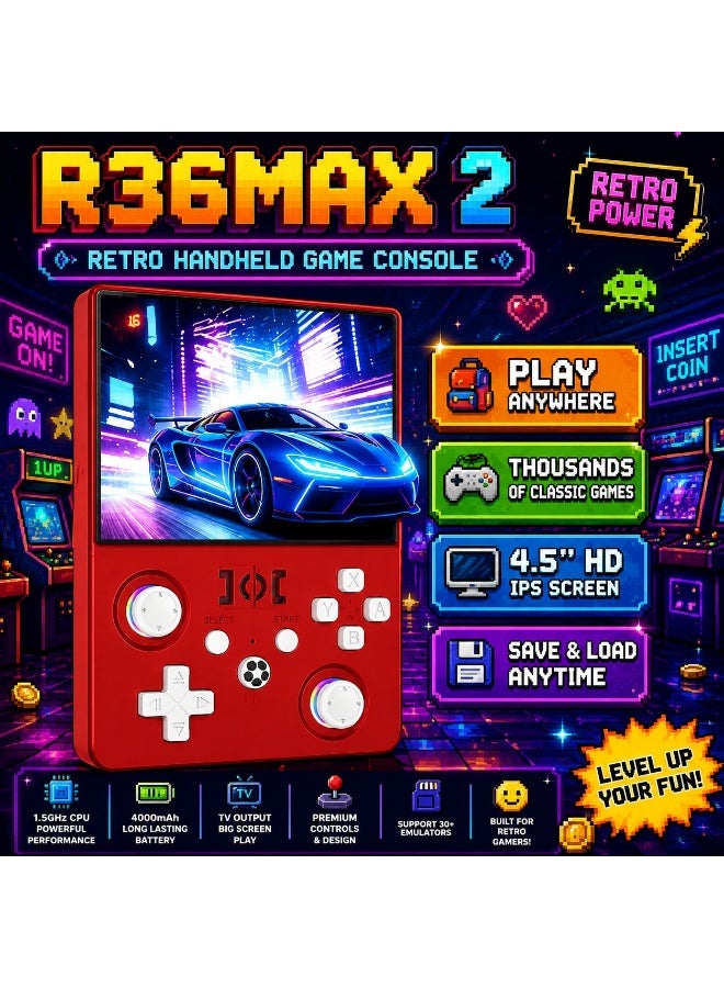 R36MAX 2 Retro Handheld Game Console – 4.5 Inch IPS HD Screen Portable Gaming Device, 1.5GHz CPU, 30+ Emulator Support, 4000mAh Battery, Retro Arcade Video Game Player RED - Image 3