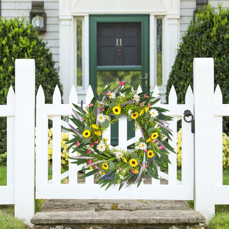 DEVONWIDE Spring Summer Wreath for Front Door, 20" Sunflower Daisy Artificial Floral Wreaths Silk Yellow Wildflowers Wreath Decor for Farmhouse Wedding Outdoor Indoor Home Wall Windows (Yellow Daisy) - Image 3
