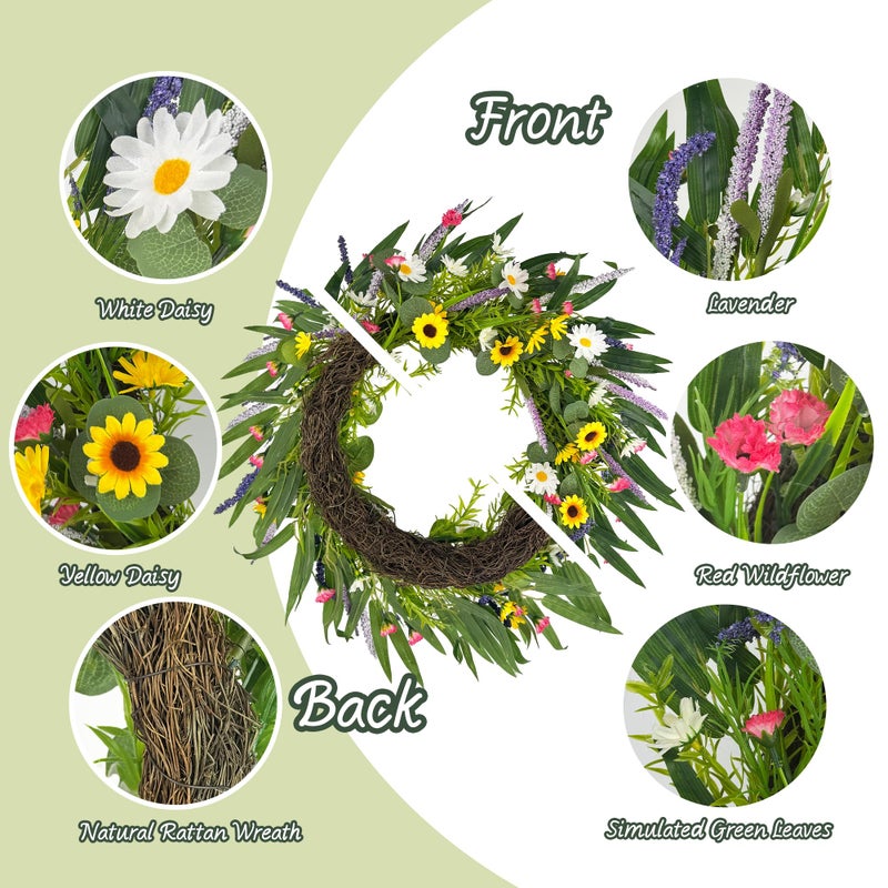 DEVONWIDE Spring Summer Wreath for Front Door, 20" Sunflower Daisy Artificial Floral Wreaths Silk Yellow Wildflowers Wreath Decor for Farmhouse Wedding Outdoor Indoor Home Wall Windows (Yellow Daisy) - Image 4