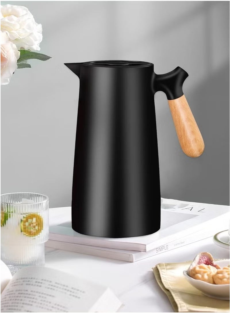 Thermal Flask for Hot Drinks, Large Capacity 1 Liter, 24 Hours Heat Retention, Double Wall with Solid Wooden Handle (Black), Stainless Steel Thermal Coffee Pot for Drinks - Coffee, Tea, Milk  - Image 1