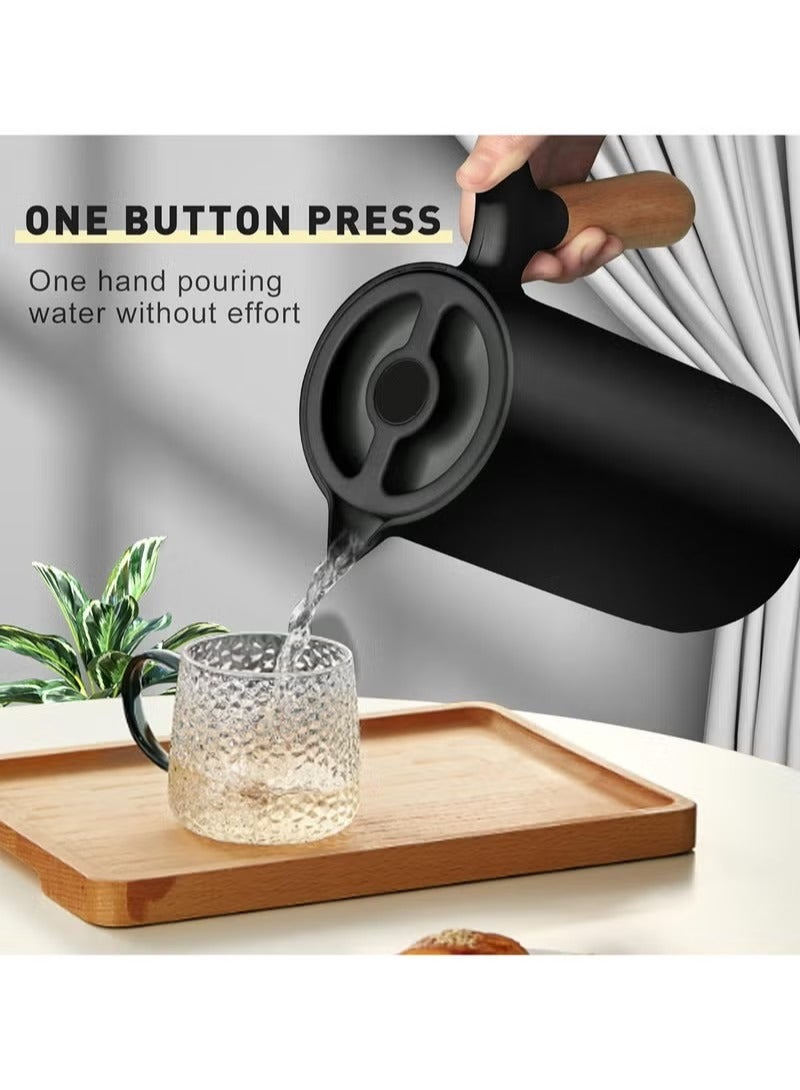 Thermal Flask for Hot Drinks, Large Capacity 1 Liter, 24 Hours Heat Retention, Double Wall with Solid Wooden Handle (Black), Stainless Steel Thermal Coffee Pot for Drinks - Coffee, Tea, Milk  - Image 3