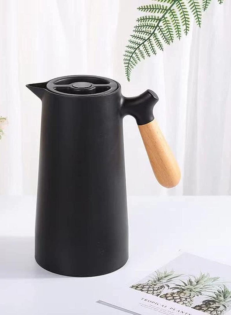 Thermal Flask for Hot Drinks, Large Capacity 1 Liter, 24 Hours Heat Retention, Double Wall with Solid Wooden Handle (Black), Stainless Steel Thermal Coffee Pot for Drinks - Coffee, Tea, Milk  - Image 4