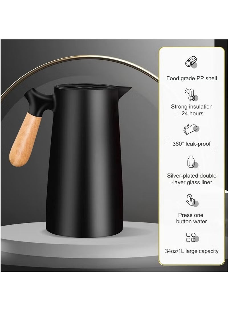 Thermal Flask for Hot Drinks, Large Capacity 1 Liter, 24 Hours Heat Retention, Double Wall with Solid Wooden Handle (Black), Stainless Steel Thermal Coffee Pot for Drinks - Coffee, Tea, Milk  - Image 5