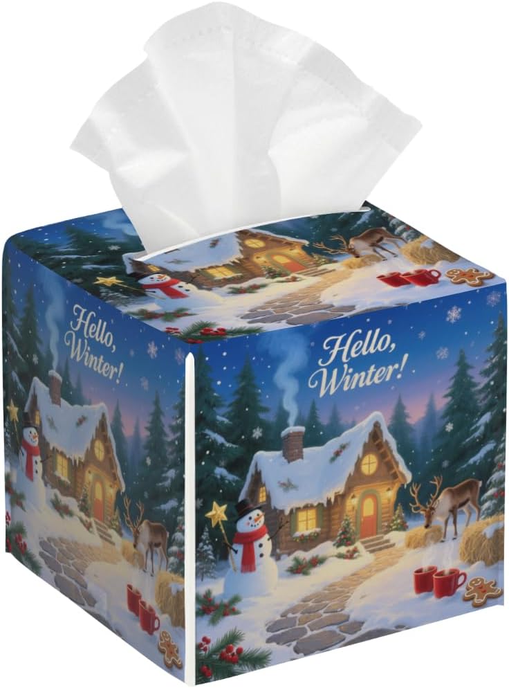 Winter Forest Cabin PU Leather Square Tissue Box Cover - Colorful Decorative Holder for Car, Bathroom, Bedroom & Desk - Image 1