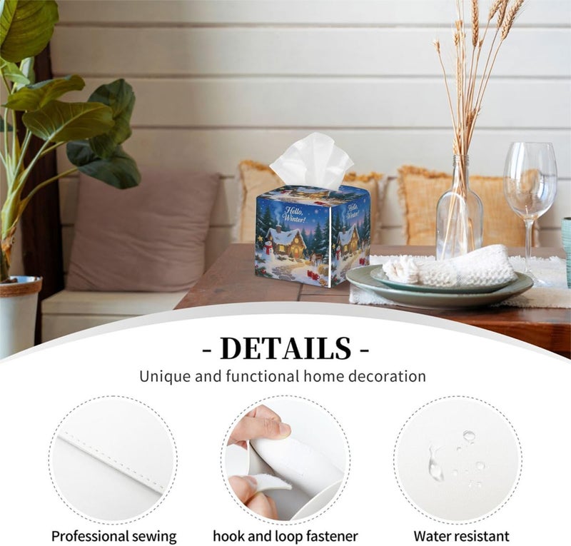 Winter Forest Cabin PU Leather Square Tissue Box Cover - Colorful Decorative Holder for Car, Bathroom, Bedroom & Desk - Image 3