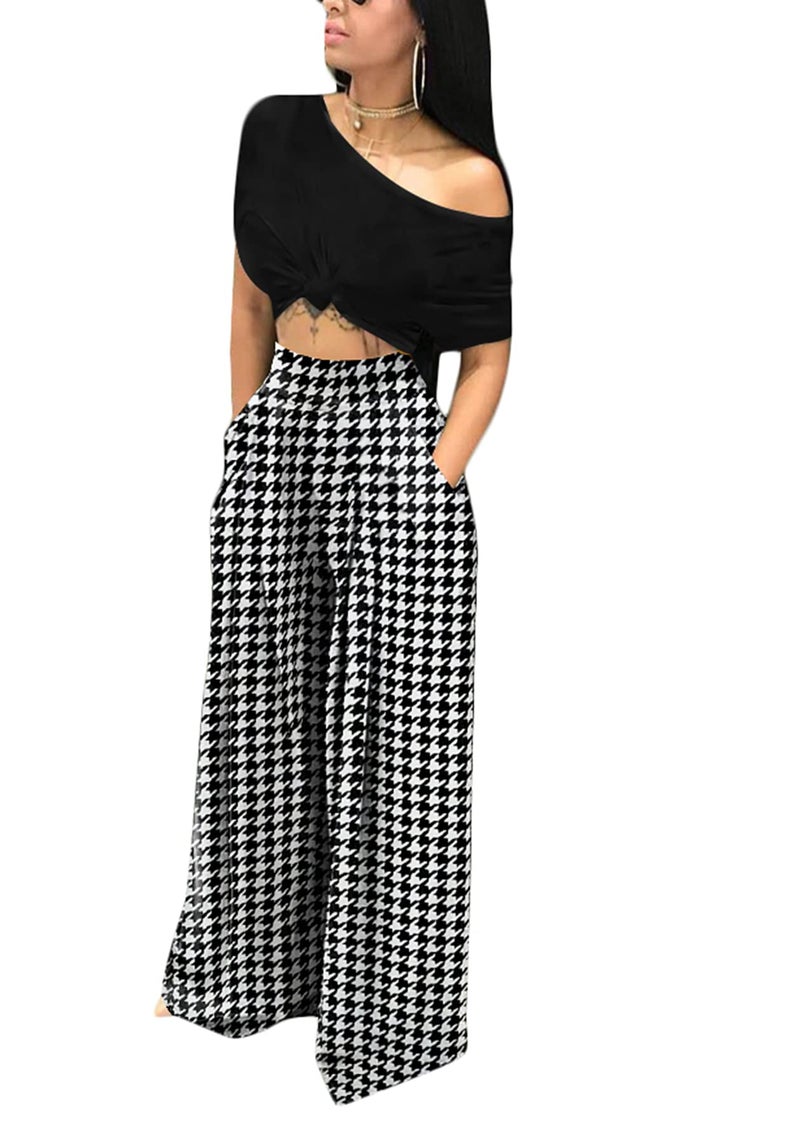 NRTHYE Wide Leg Pants for Women Stretchy High Rised Houndstooth Palazzo Pants Loose Sweatpants Trousers - Image 3