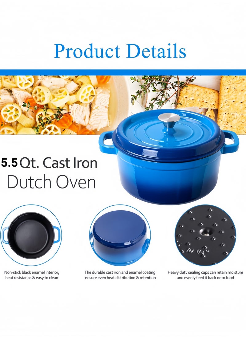nihao - 5.5QT Large Capacity Enameled Cast Iron Dutch Oven with Lid – Dual Handles – Oven Safe up to 500° F or on Stovetop – Use to Marinate, Cook, Bake, Refrigerate and Serve 26CM Diameter – Blue - Image 1