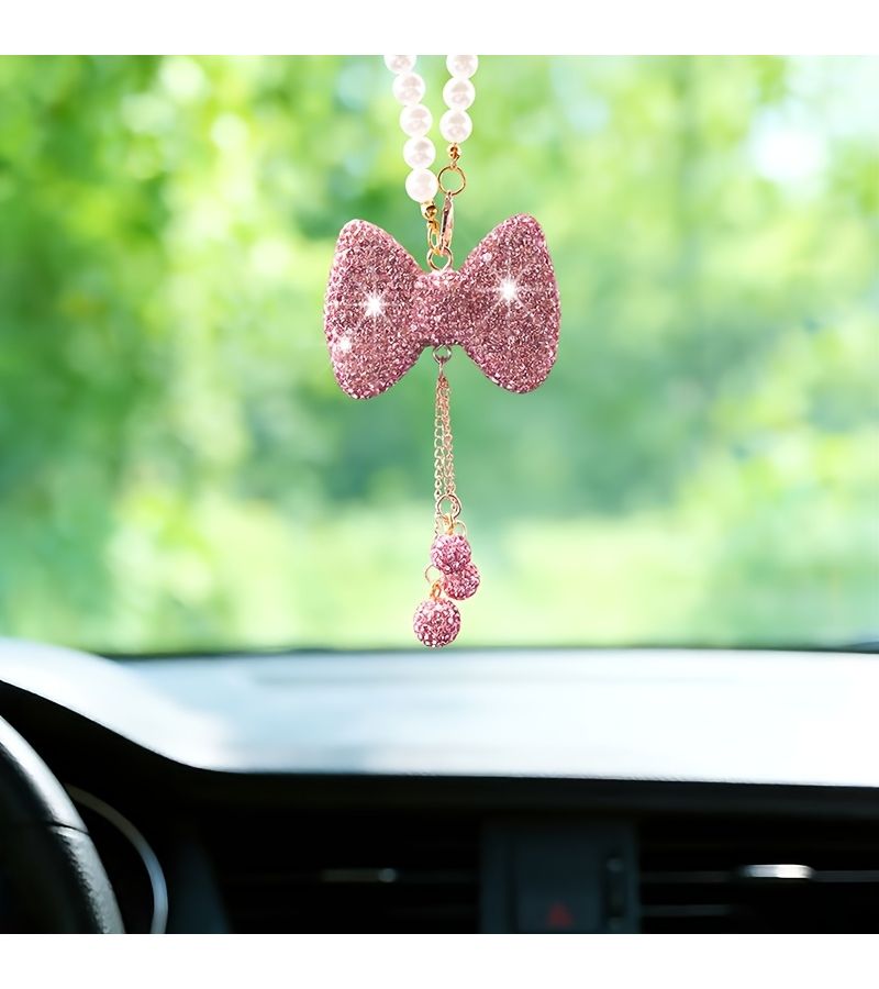 Red Rhinestone Car Pendant With Bow And Tassel For Rearview Mirror - Image 3