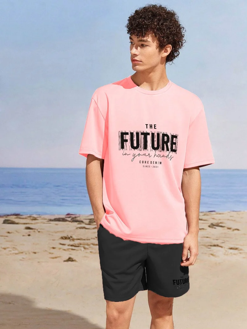 دوغ فش Lover Couple Combination T-Shirt-Shorts Futurw Printed Oversize Pink
