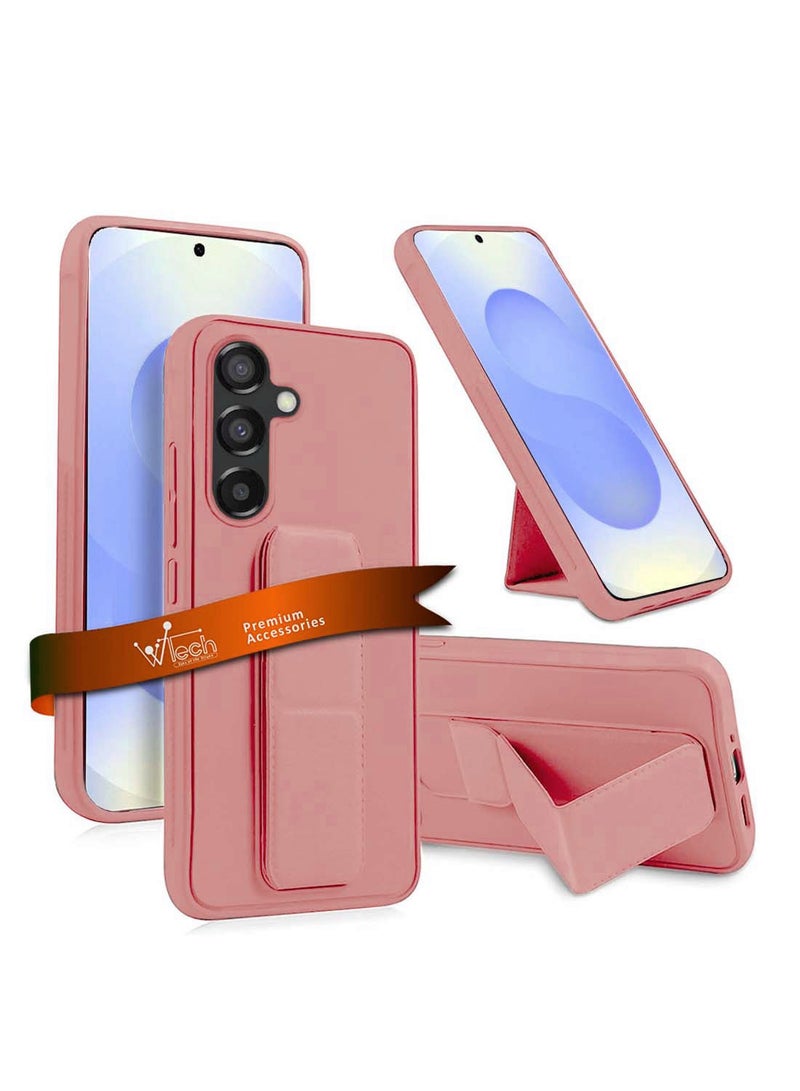 Wtech Samsung Galaxy S25 2025 Hand Grip Foldable Magnetic Kickstand Wrist Strap Finger Grip With Built-In Iron Case Cover - Pink