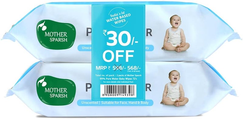 Mother Sparsh 99% Pure Water Baby Wipes - Unscented, Plant-Based, 72 pcs/pack - Pack of 2 - Image 1