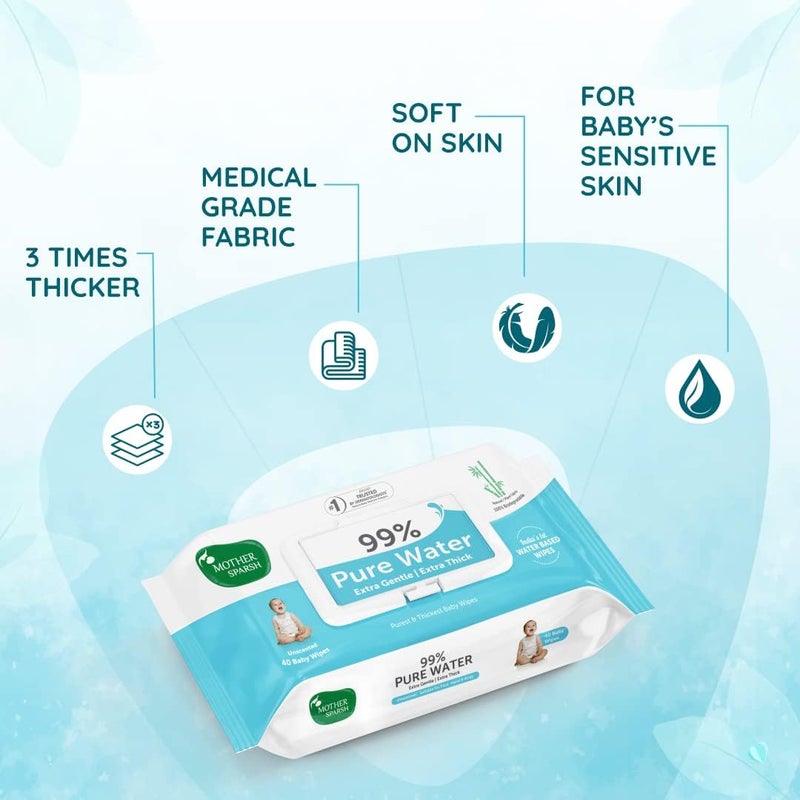 Mother Sparsh 99% Pure Water Baby Wipes - Unscented, Plant-Based, 72 pcs/pack - Pack of 2 - Image 3