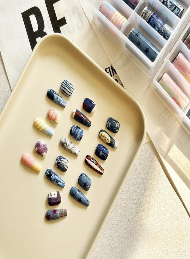 MIXNEX Pure Aesthetic Nail Art Stickers - Transfer Foil Decals & Press-On Nail Decor - DIY Manicure Accessories for Women & Girls - Soft Glam Wearable Nail Wraps (1, Gingham Denim Blue) - Image 2