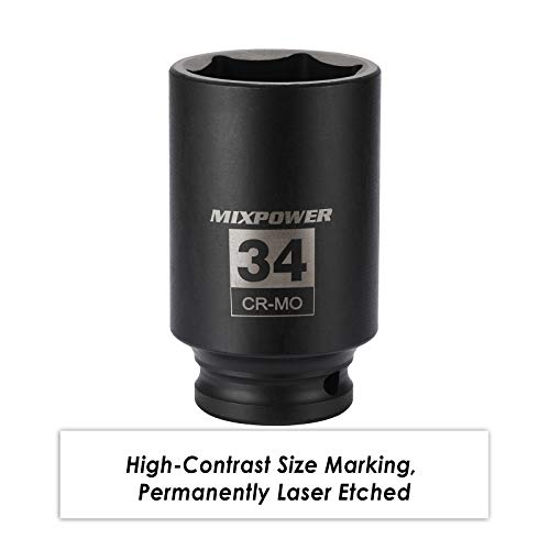 MIXPOWER 1/2" Drive Deep Impact Socket, CR-MO, 34 mm, METRIC, 6 Point, Axle Nut Impact Grade Socket for Easy Removal - Image 5