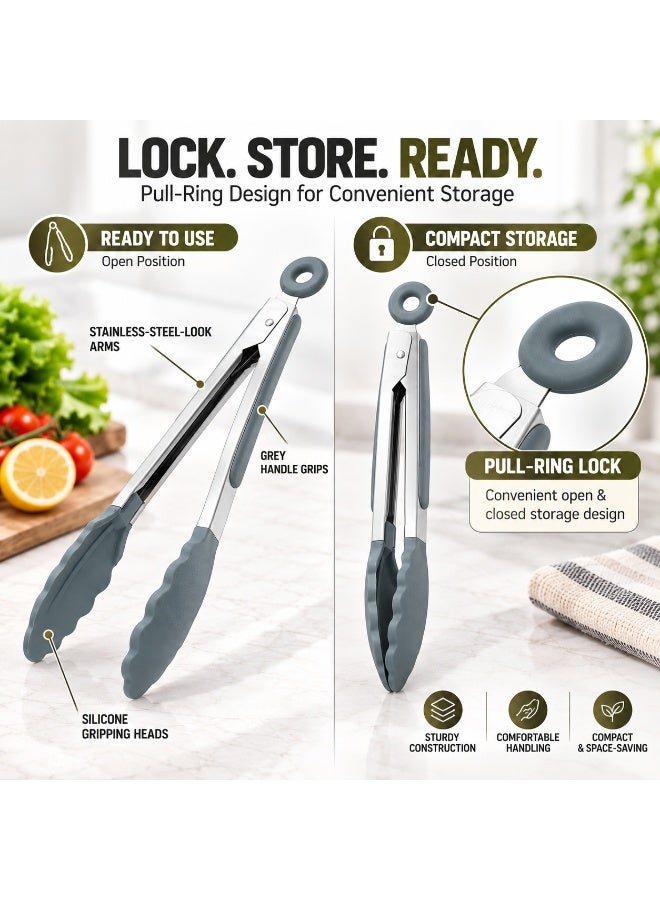 Beram Grey Silicone Kitchen Tongs 12 Inch, Stainless Steel Cooking Tongs, Heat Resistant Non Stick Food Serving Tongs with Locking Handle for BBQ, Grill, Salad, Frying, Baking & Kitchen - Image 4
