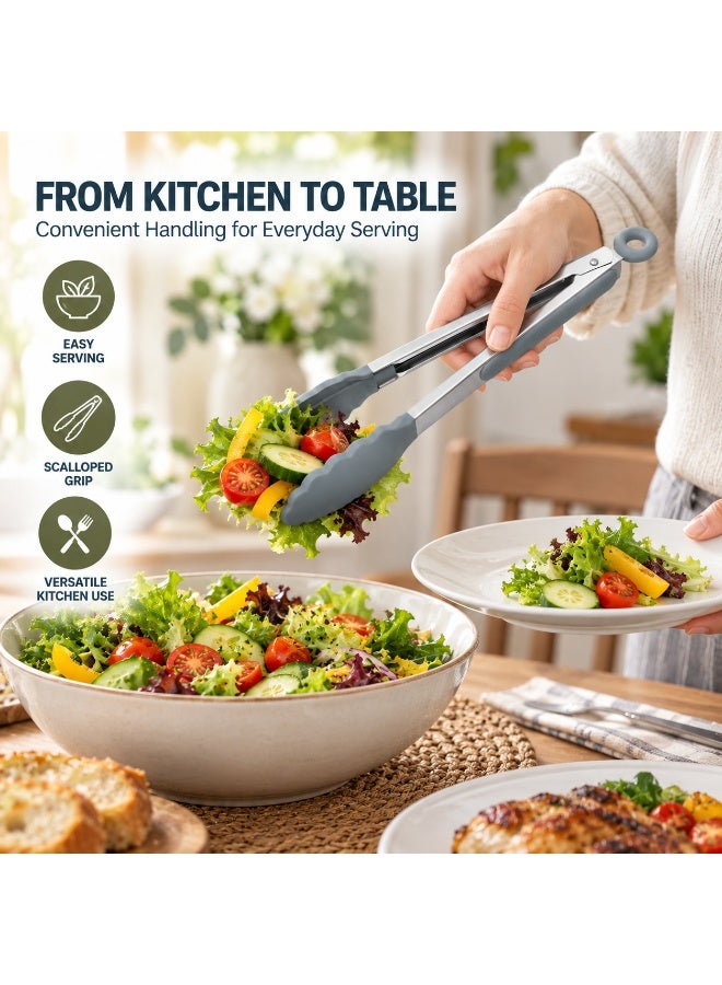 Beram Grey Silicone Kitchen Tongs 12 Inch, Stainless Steel Cooking Tongs, Heat Resistant Non Stick Food Serving Tongs with Locking Handle for BBQ, Grill, Salad, Frying, Baking & Kitchen - Image 5