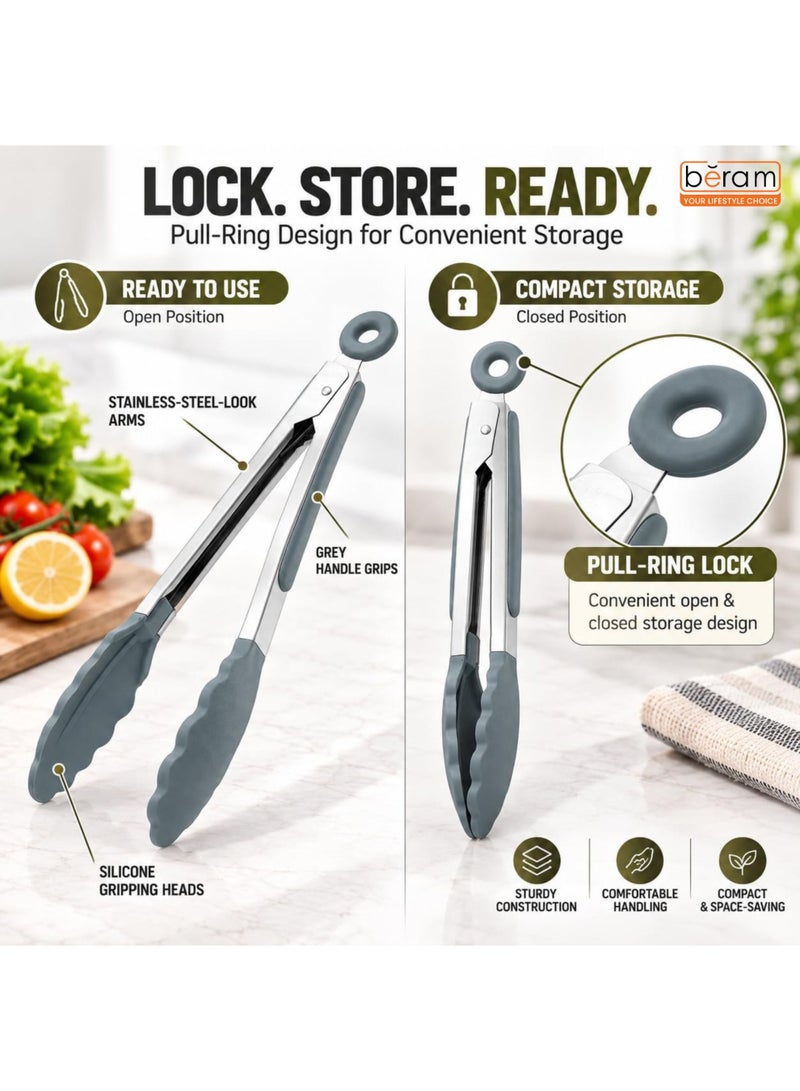 BERAM Kitchen Tongs 12 Inch with Locking Handle, Stainless Steel and Silicone, Heat Resistant Non Stick Cooking Tongs for BBQ and Grill, Grey - Image 2