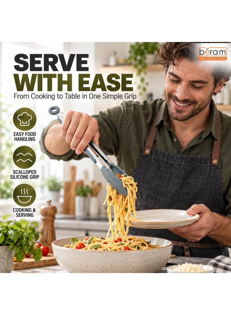 BERAM Kitchen Tongs 12 Inch with Locking Handle, Stainless Steel and Silicone, Heat Resistant Non Stick Cooking Tongs for BBQ and Grill, Grey - Image 3