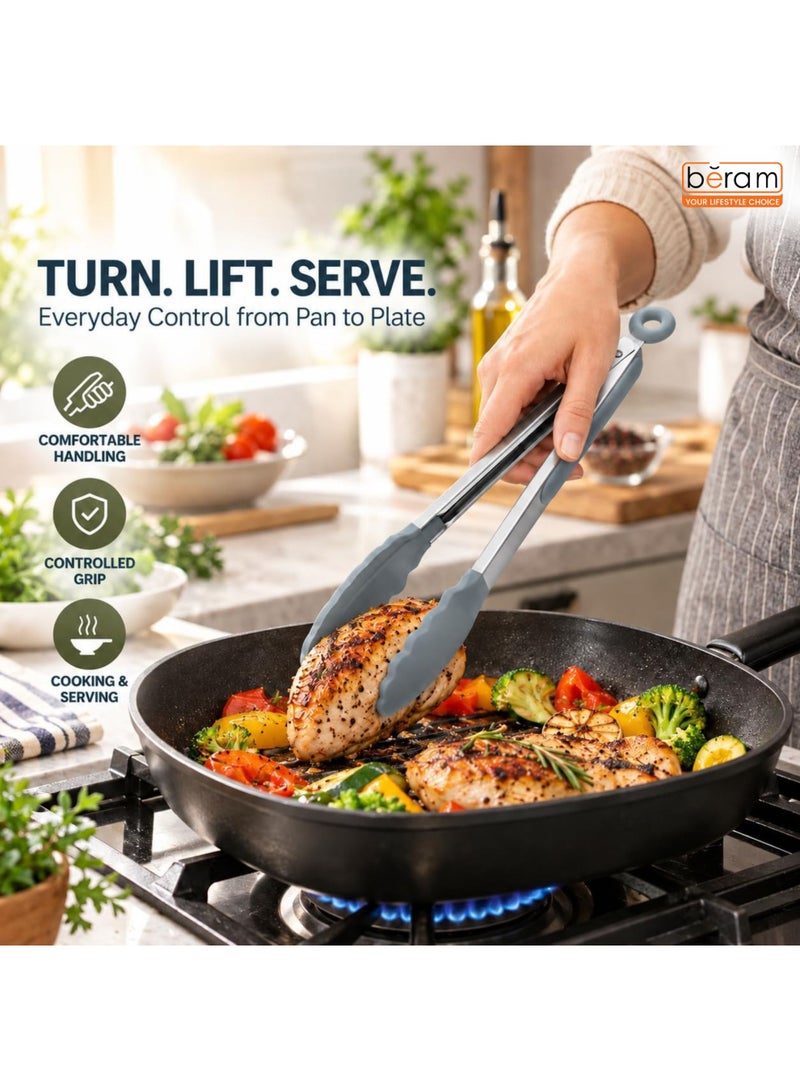 BERAM Kitchen Tongs 12 Inch with Locking Handle, Stainless Steel and Silicone, Heat Resistant Non Stick Cooking Tongs for BBQ and Grill, Grey - Image 5