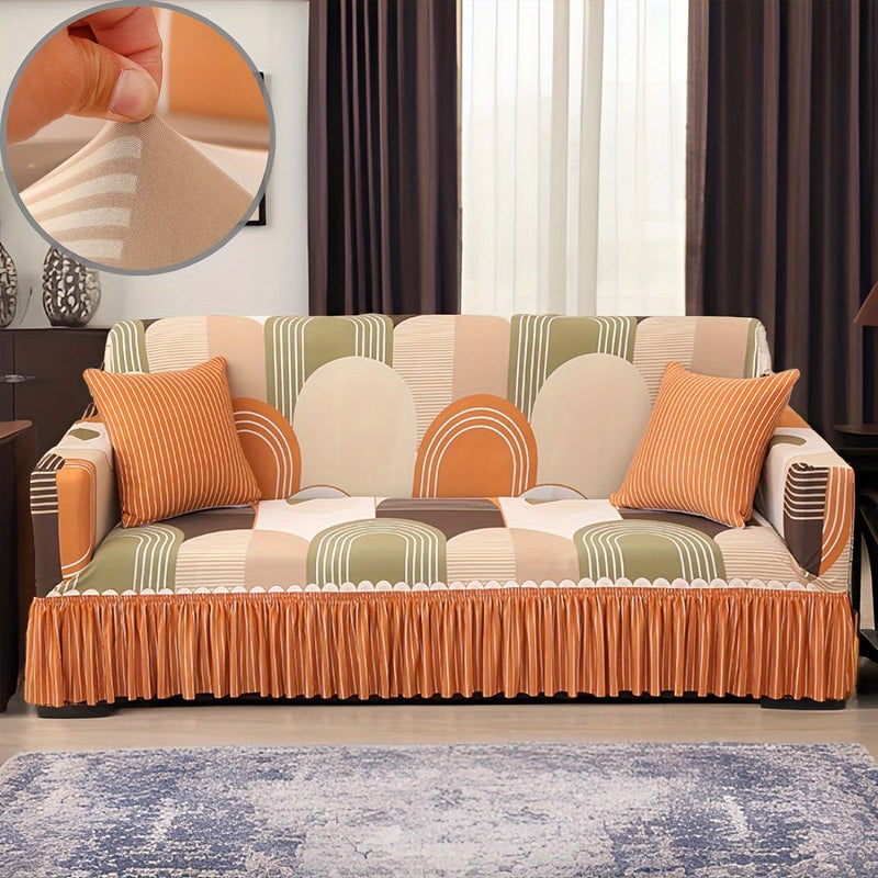 1 Seater Blue Contemporary Stretch Sofa Cover With Skirt Easy Care Polyester And Elastane Fabric For Home And Office Decor - Image 2