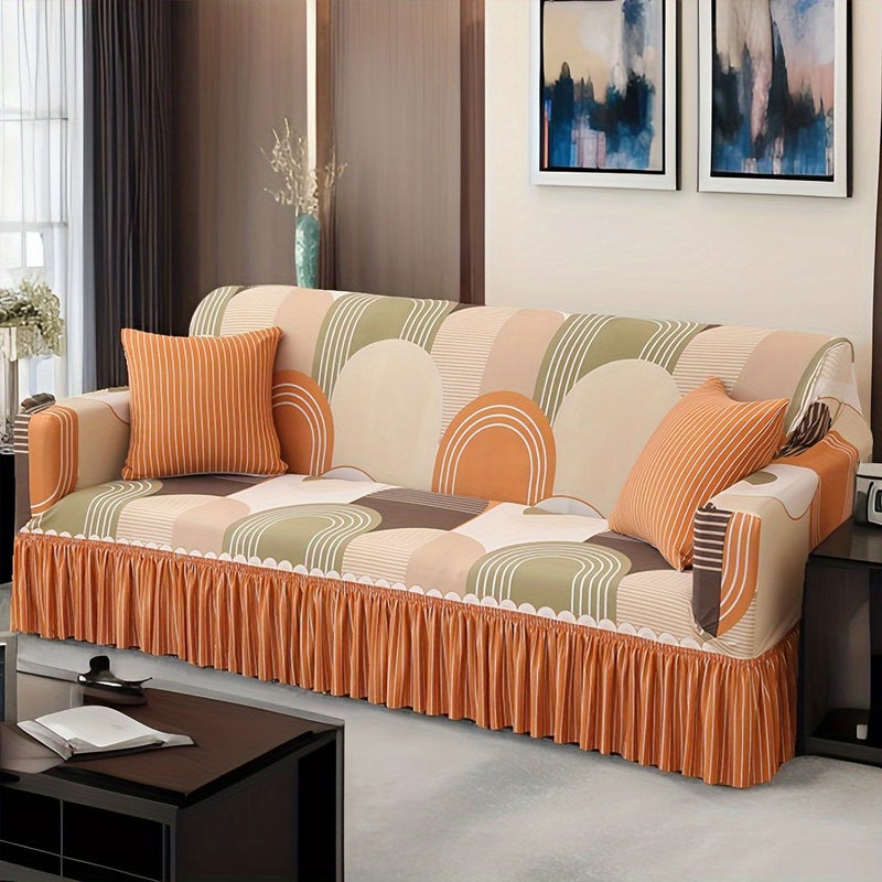 1 Seater Blue Contemporary Stretch Sofa Cover With Skirt Easy Care Polyester And Elastane Fabric For Home And Office Decor - Image 1