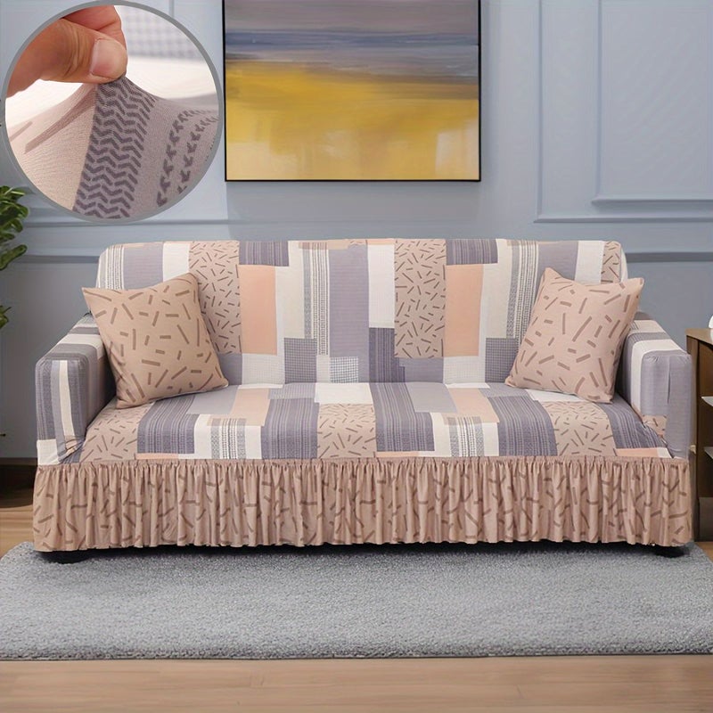 1 Seater Blue Contemporary Stretch Sofa Cover With Skirt Easy Care Polyester And Elastane Fabric For Home And Office Decor - Image 3