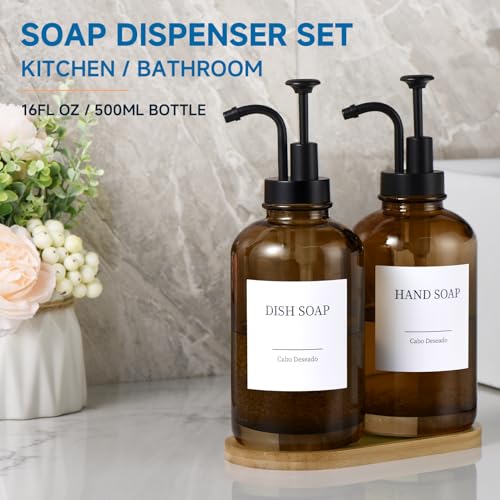 Cabo Deseado Glass Soap Dispenser with Pump, Dish and Hand Soap Dispenser for Kitchen Bathroom Set, Clear Glass Dispenser Set of 2 Pack with 18 Stickers Funnel Bamboo Tray 500ml 18oz Amber - Image 4