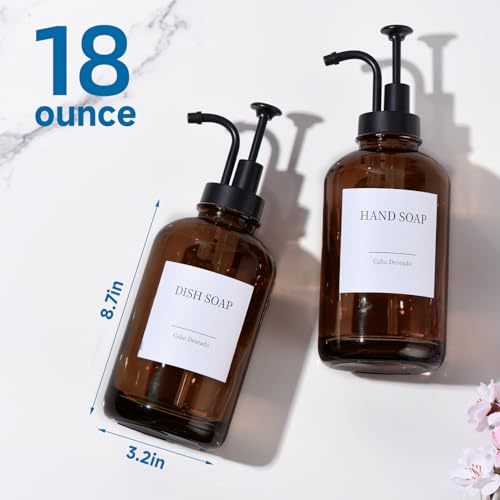 Cabo Deseado Glass Soap Dispenser with Pump, Dish and Hand Soap Dispenser for Kitchen Bathroom Set, Clear Glass Dispenser Set of 2 Pack with 18 Stickers Funnel Bamboo Tray 500ml 18oz Amber - Image 3