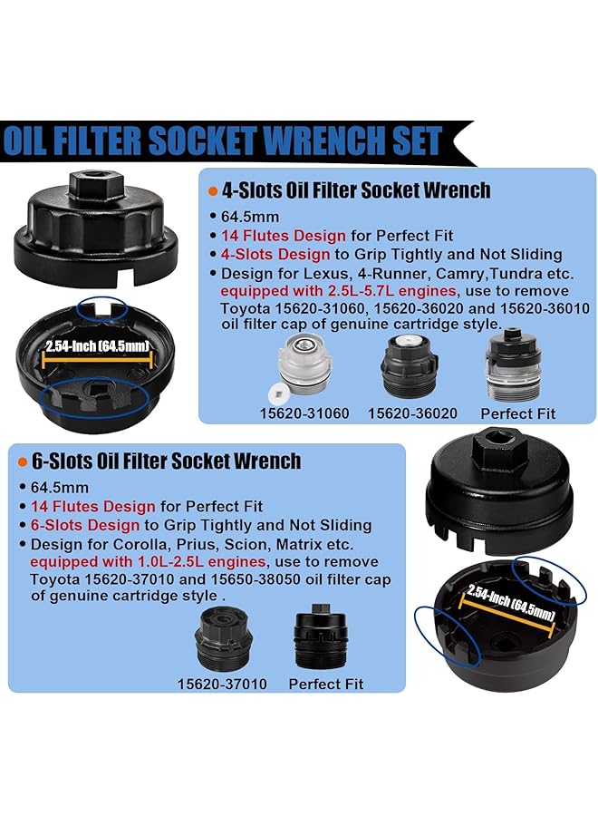 أداة إزالة غطاء فلتر الزيت من الألومنيوم، مجموعة مفاتيح فلتر الزيت، 64.5 مم، 14 فتحة، متوافقة مع جميع سيارات تويوتا ولكزس وسكيون وراف فور وكامري وتندرا وهايلاندر ولكزس ES300H والمزيد، عبوة من قطعتين - Image 5